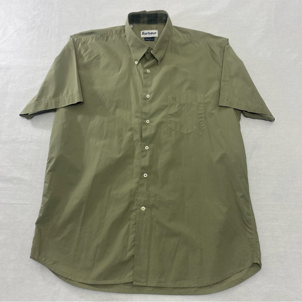 Barbour Castlerigg SS Olive Green Men Button Down Shirt Sz XL Regular Fit Safari